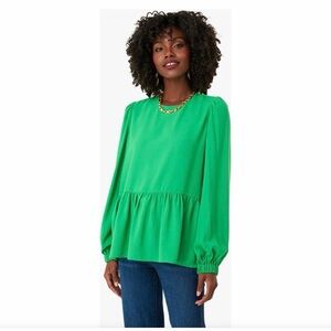 Pomander Place Emerald Green Peplum Long-Sleeve Blouse